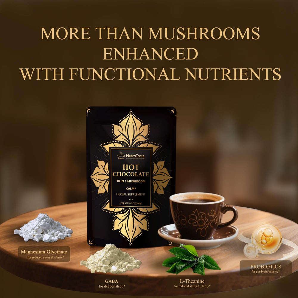 Nutrataste MCT oil probiotics GABA graphic suggests digestive comfort and nighttime calm.