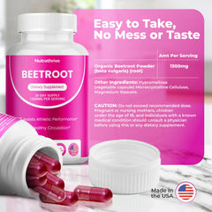 Nutrathrive beet root capsules closeup highlighting easy-to-swallow vegan supplement