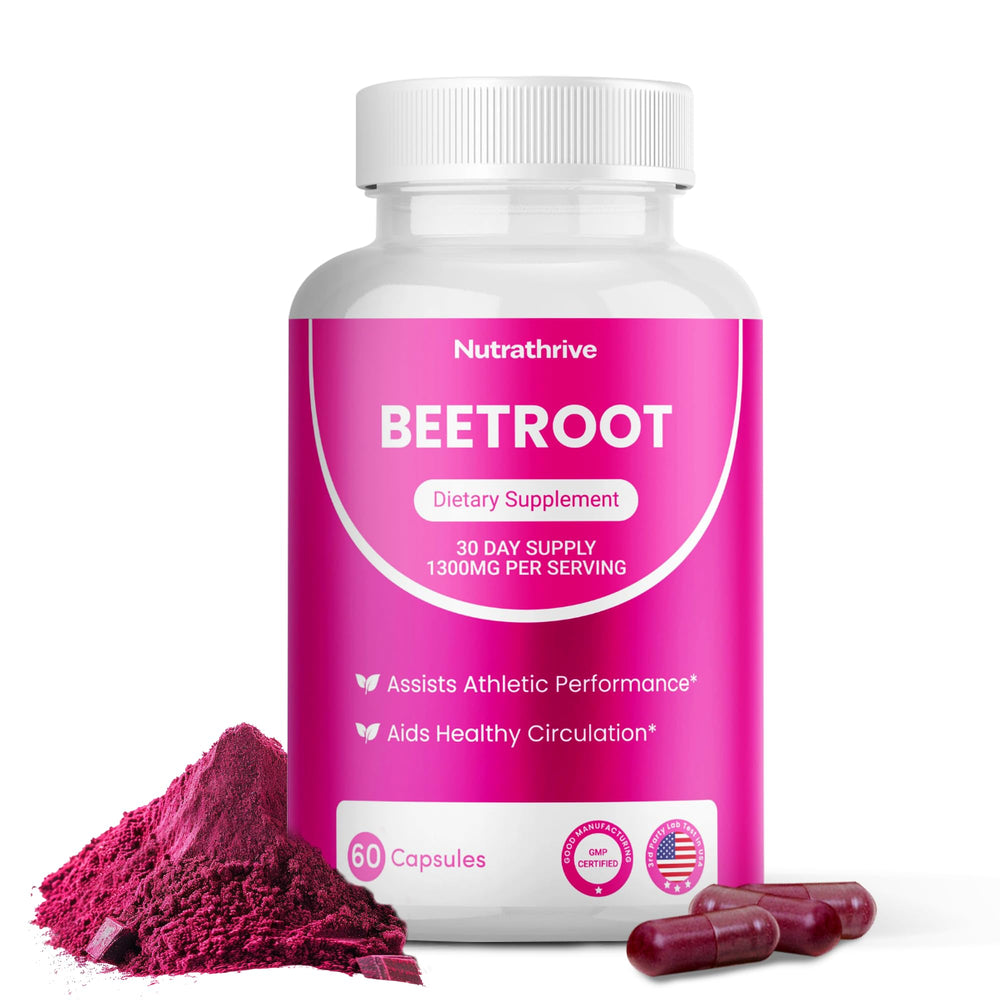 Nutrathrive Organic Beet Root Capsules packaging shown for everyday convenience