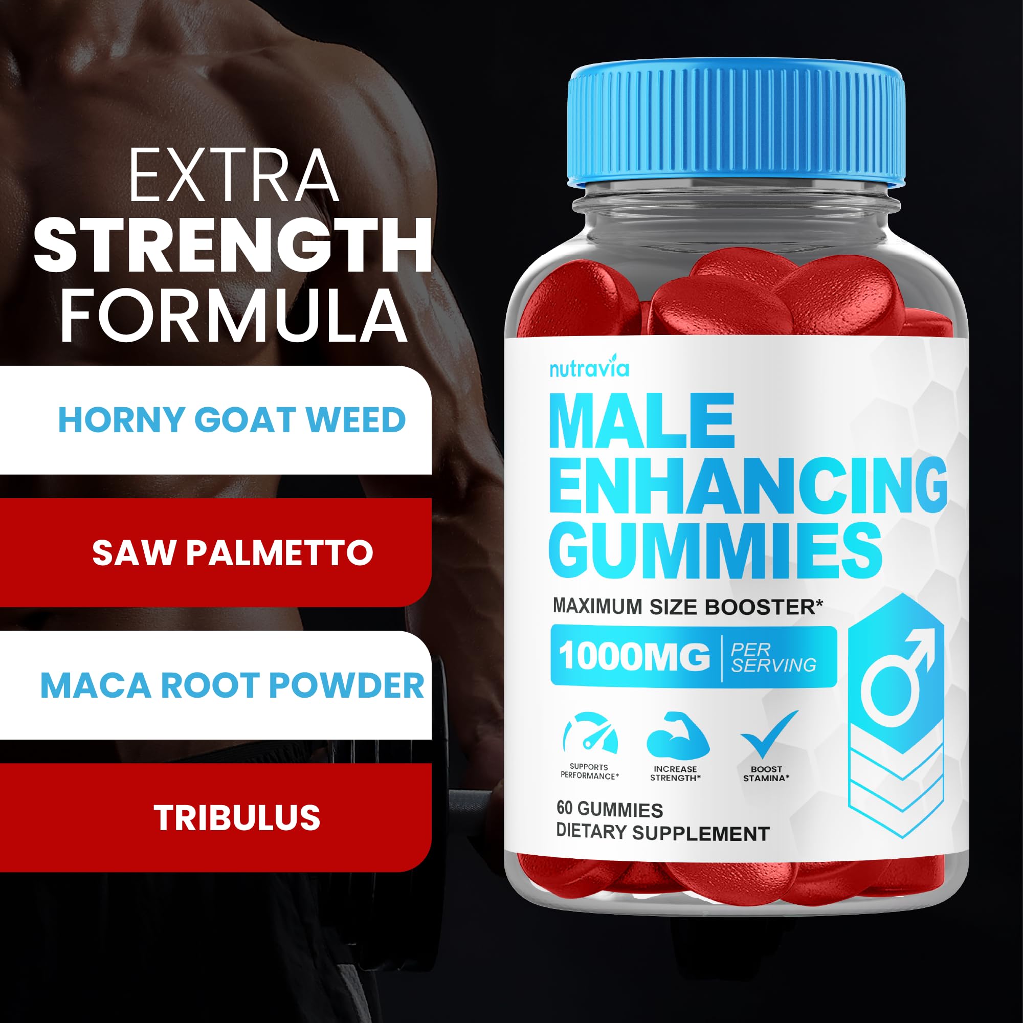 Nutravia Maca root gummy closeup suggests energizing daily performance support.