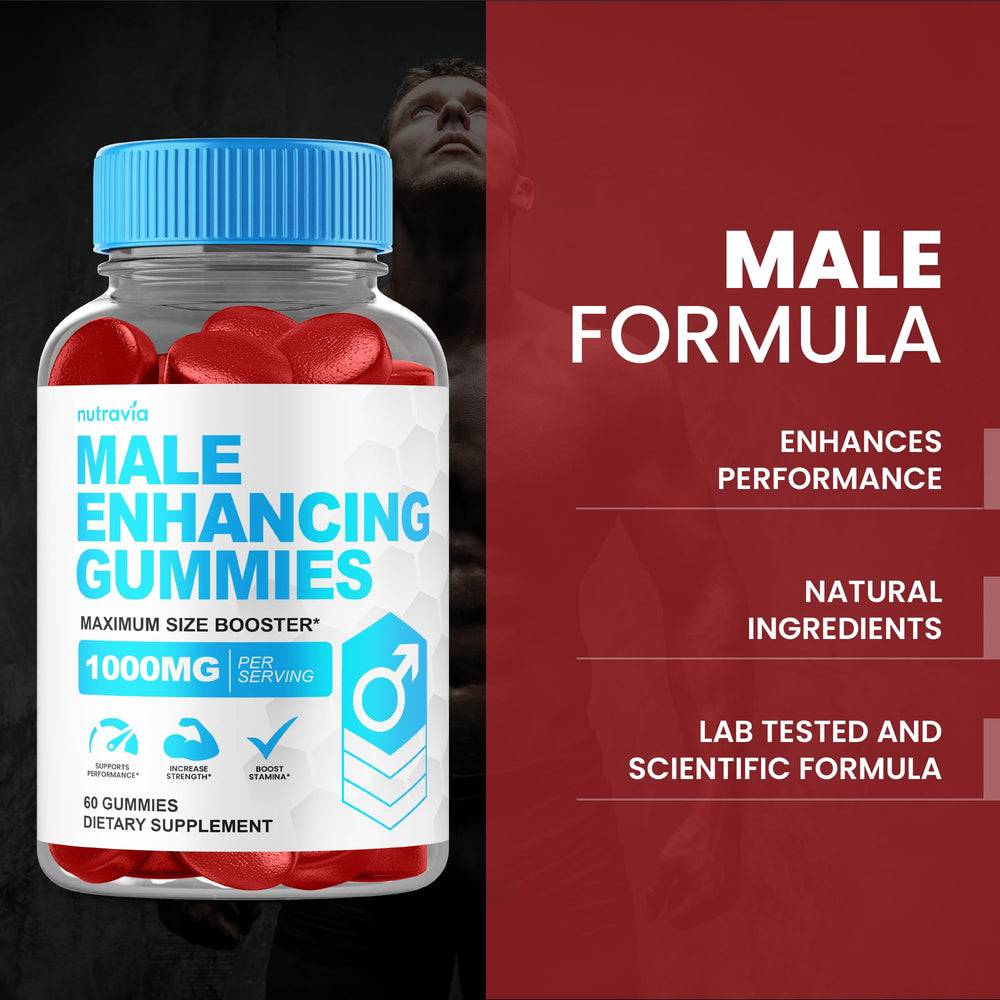 Nutravia Male Enhancing gummies pack highlighting portable daily wellness for men.