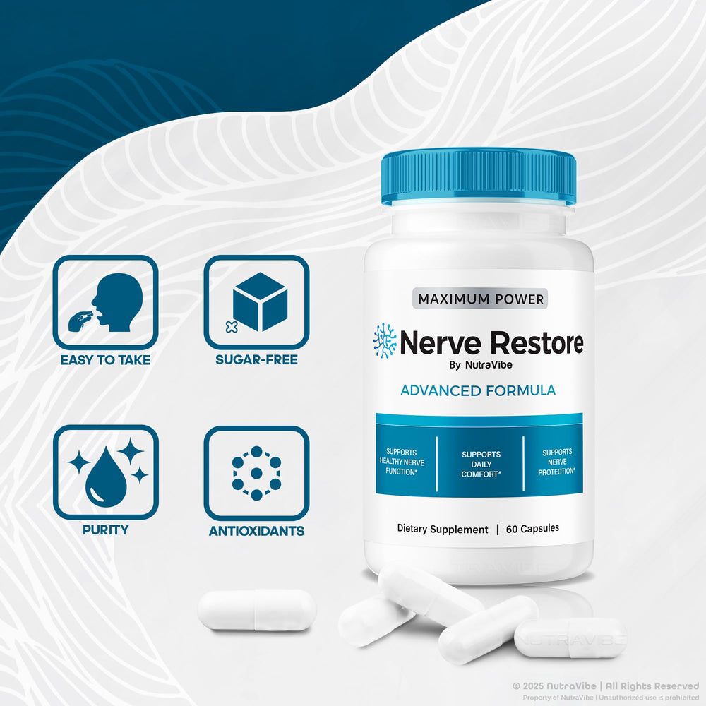 NutraVibe Nerve Restore packaging shot emphasizes purity and care