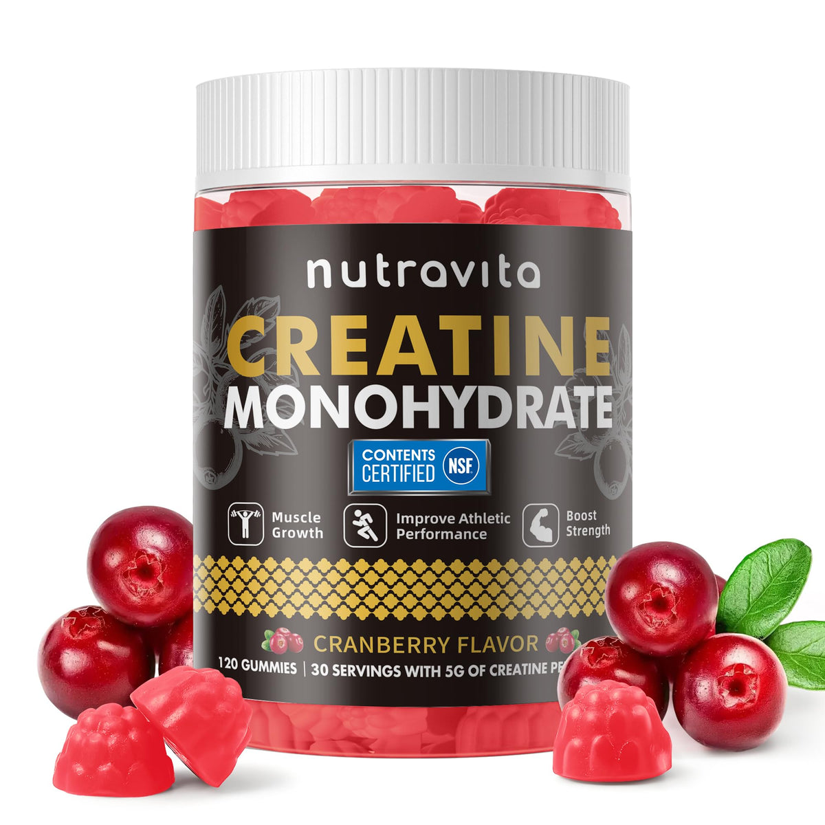 Nutravita Creatine Monohydrate Gummies bottle front highlighting cranberry flavor and convenient daily use.