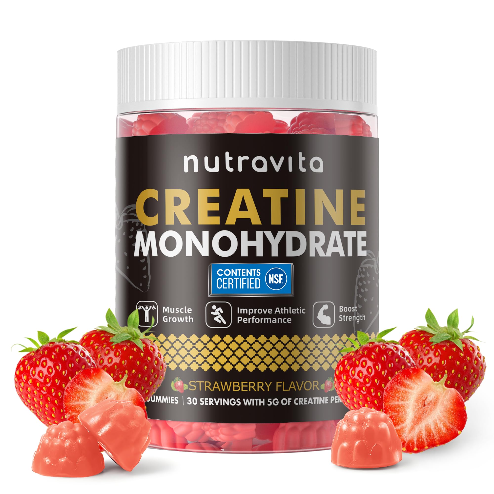 Nutravita Creatine Monohydrate Gummies bottle front for daily gym use.