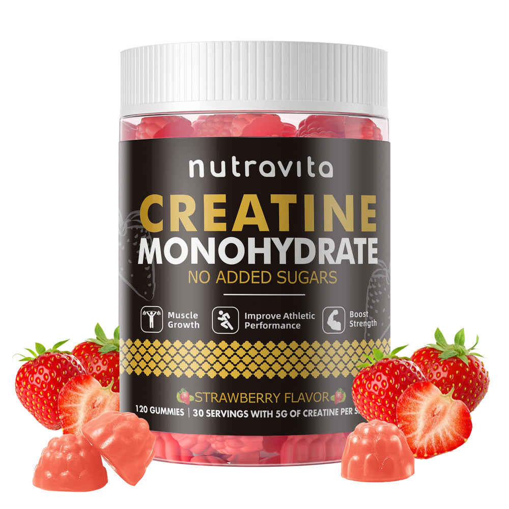 Strawberry-flavored gummies shown beside shaker bottle for gym sessions.