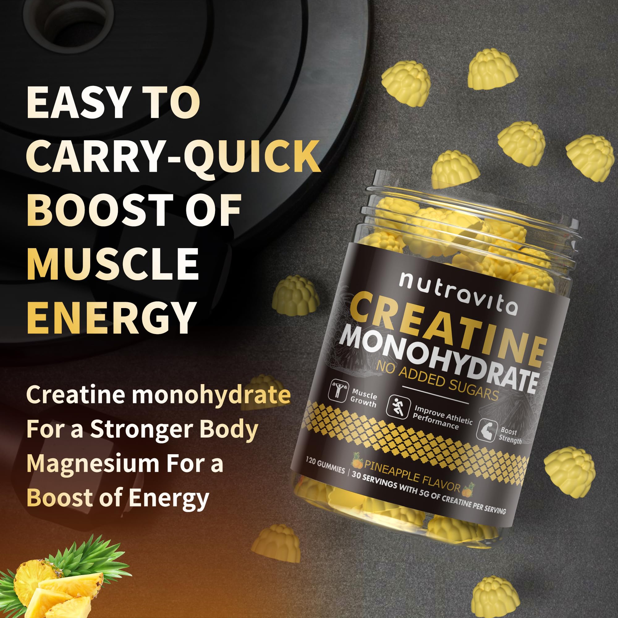 Vegan symbol confirms gelatin-free Nutravita Creatine Monohydrate Gummies.