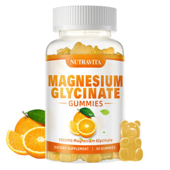 Nutravita Magnesium Glycinate Gummies bottle shown for daily calm and mood support.