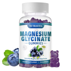 Nutravita magnesium glycinate gummies in blueberry bottle for mood support.