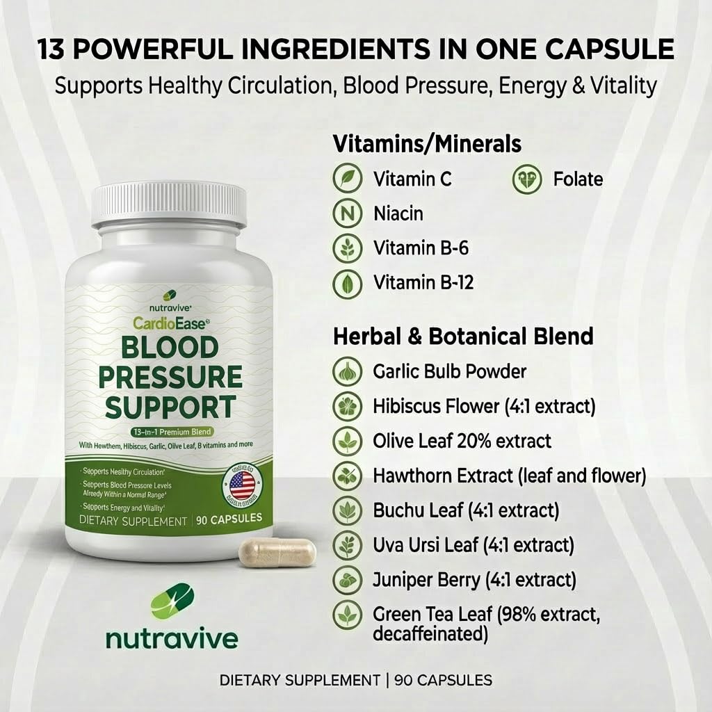 Nutravive Blood Pressure label details highlighting ingredients and purity.