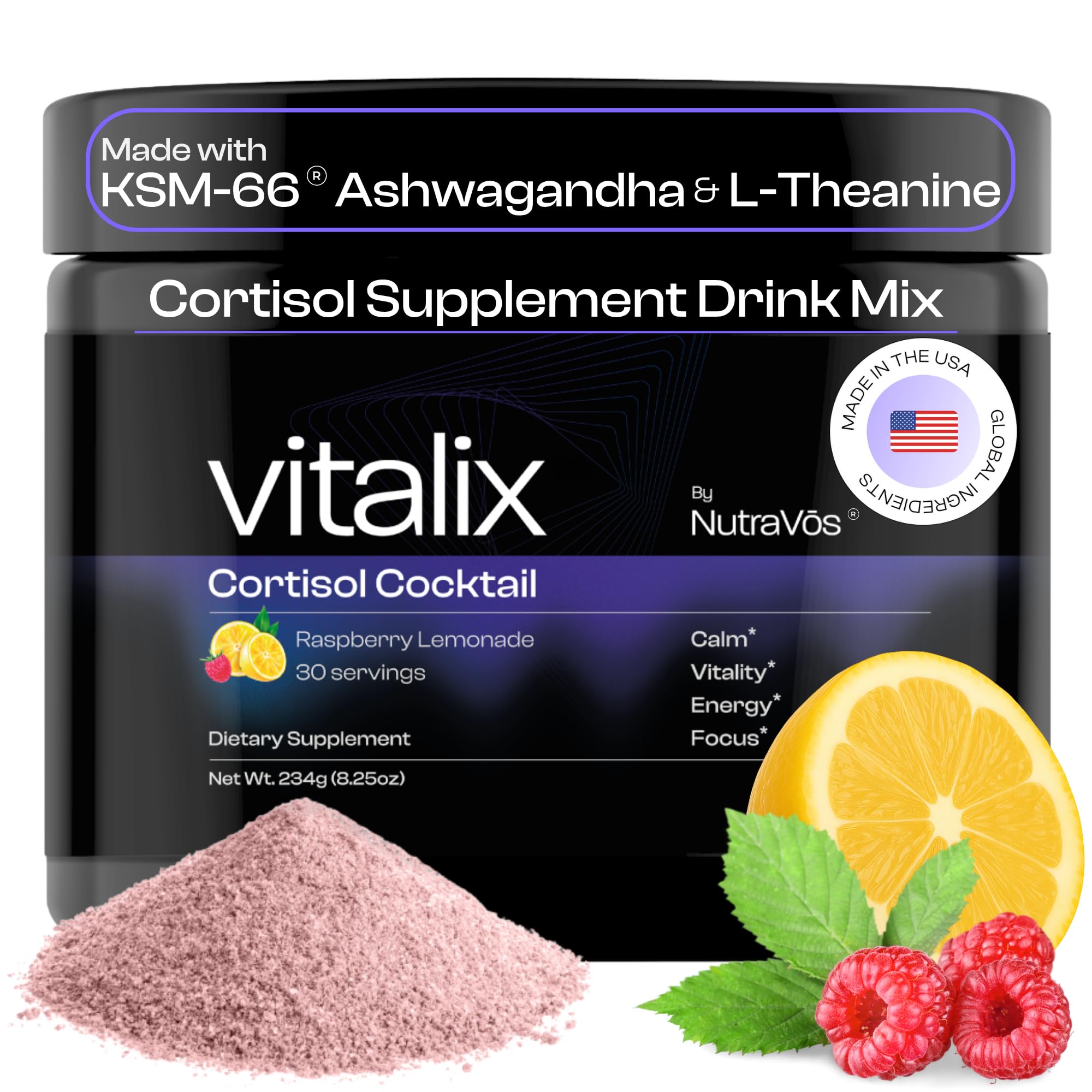 Nutravos Vitalix bottle and glass in raspberry lemonade setup for calm focus.