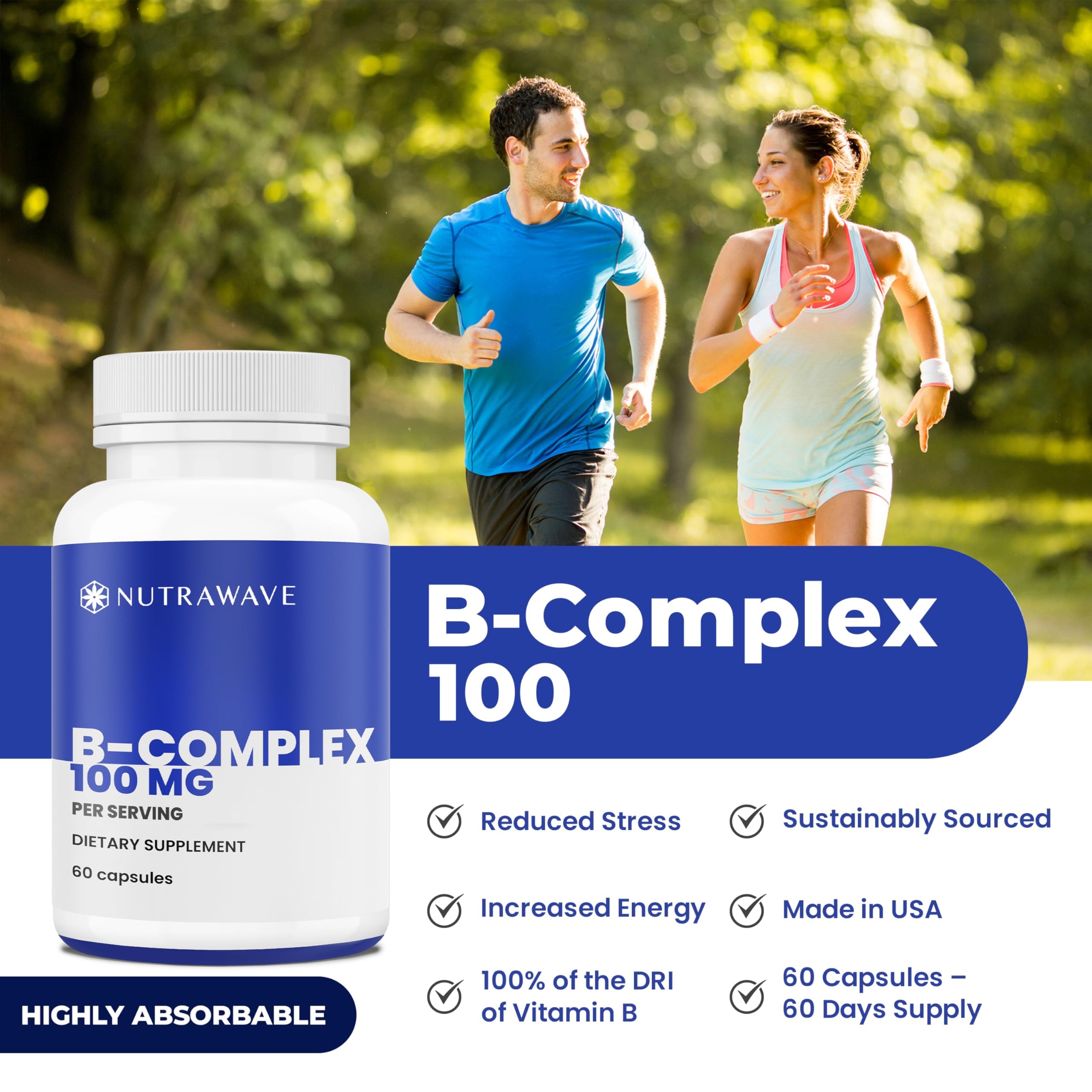 Close-up of Nutra Wave B Complex capsules highlighting high-potency vitamins.