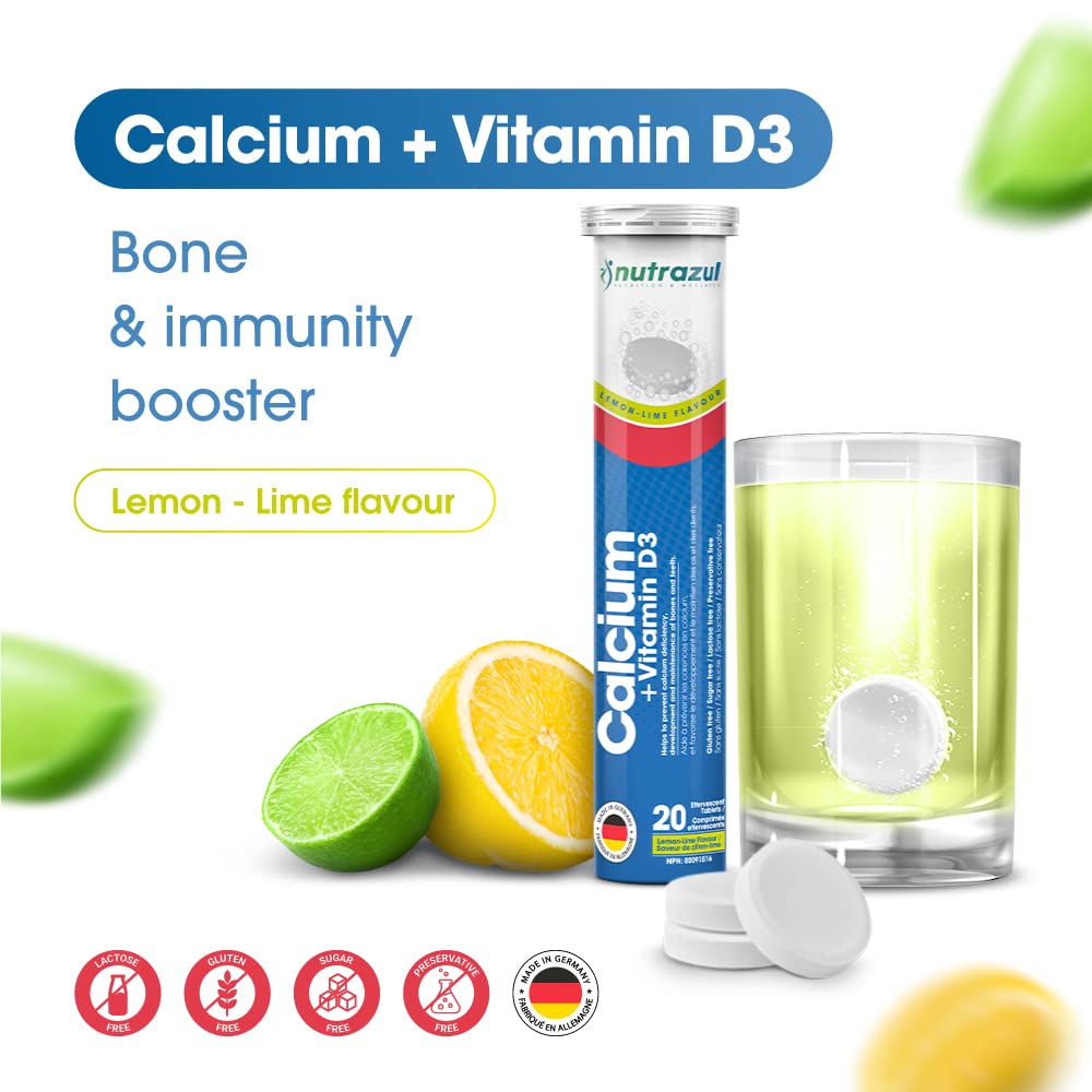 Nutrazul lemon-lime effervescent tablet beside a refreshing glass for daily bone support