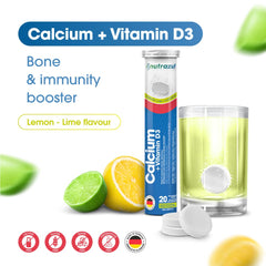 Nutrazul lemon-lime effervescent tablet beside a refreshing glass for daily bone support