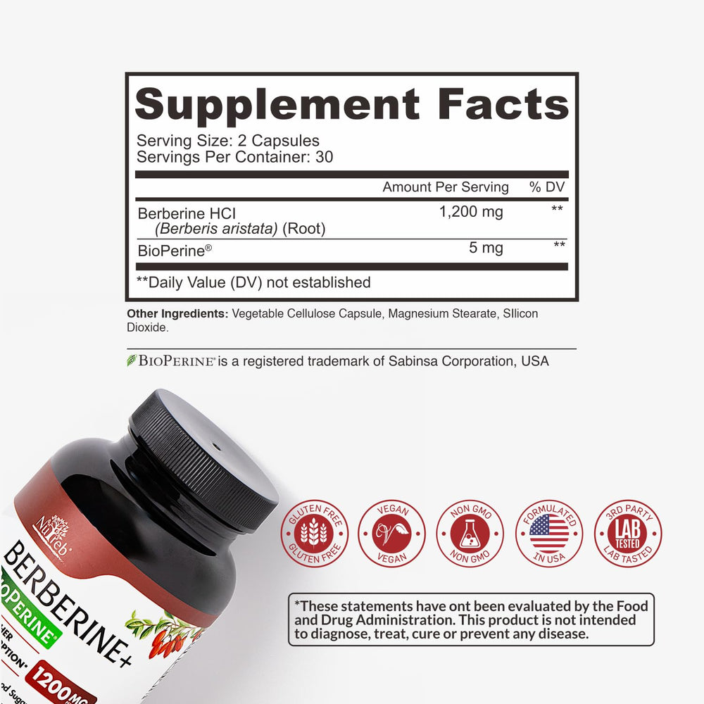 Nutreb Berberine USA-made facility badge signals quality manufacturing standards.