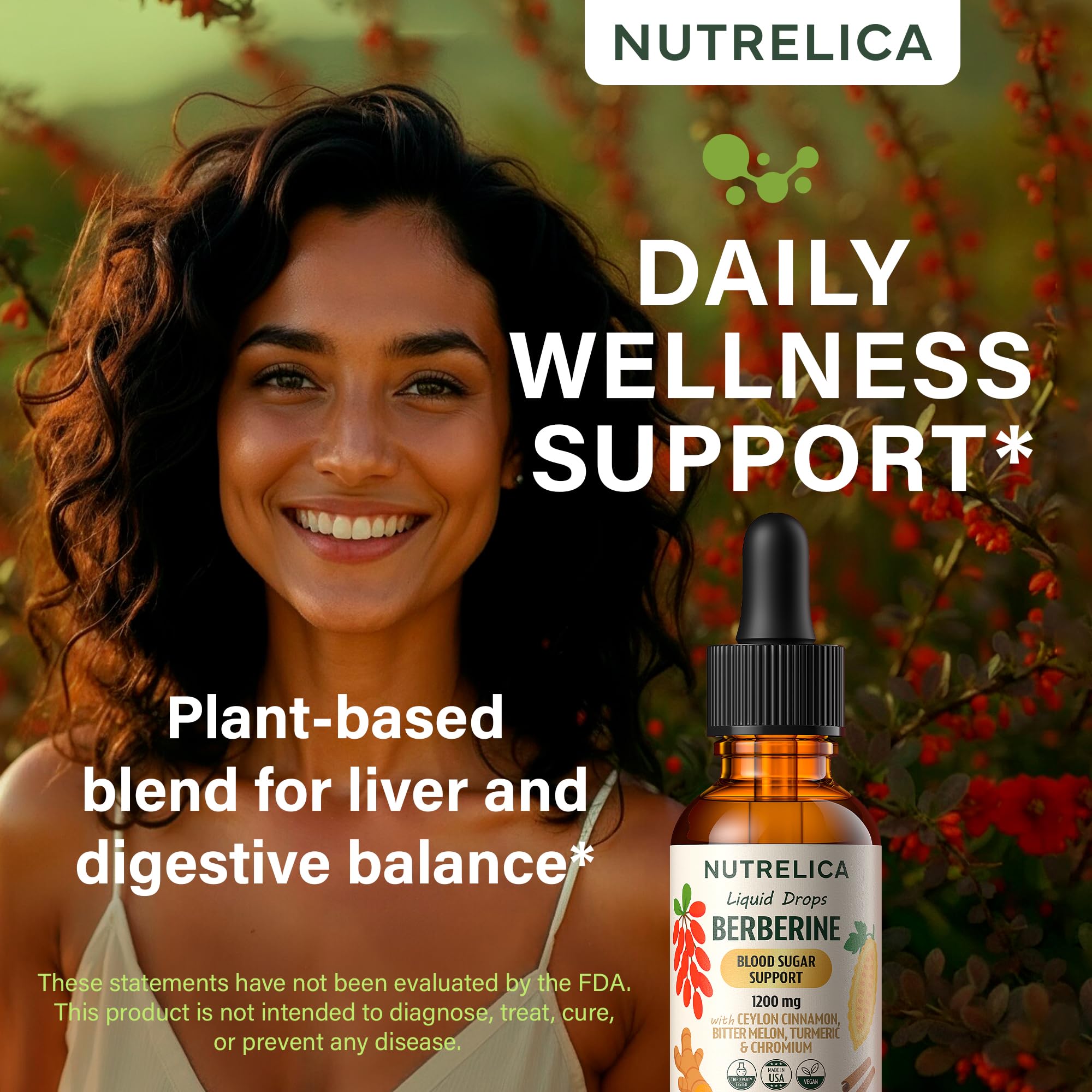 Close-up of Nutrelica bottle with dropper suggests easy daily use.