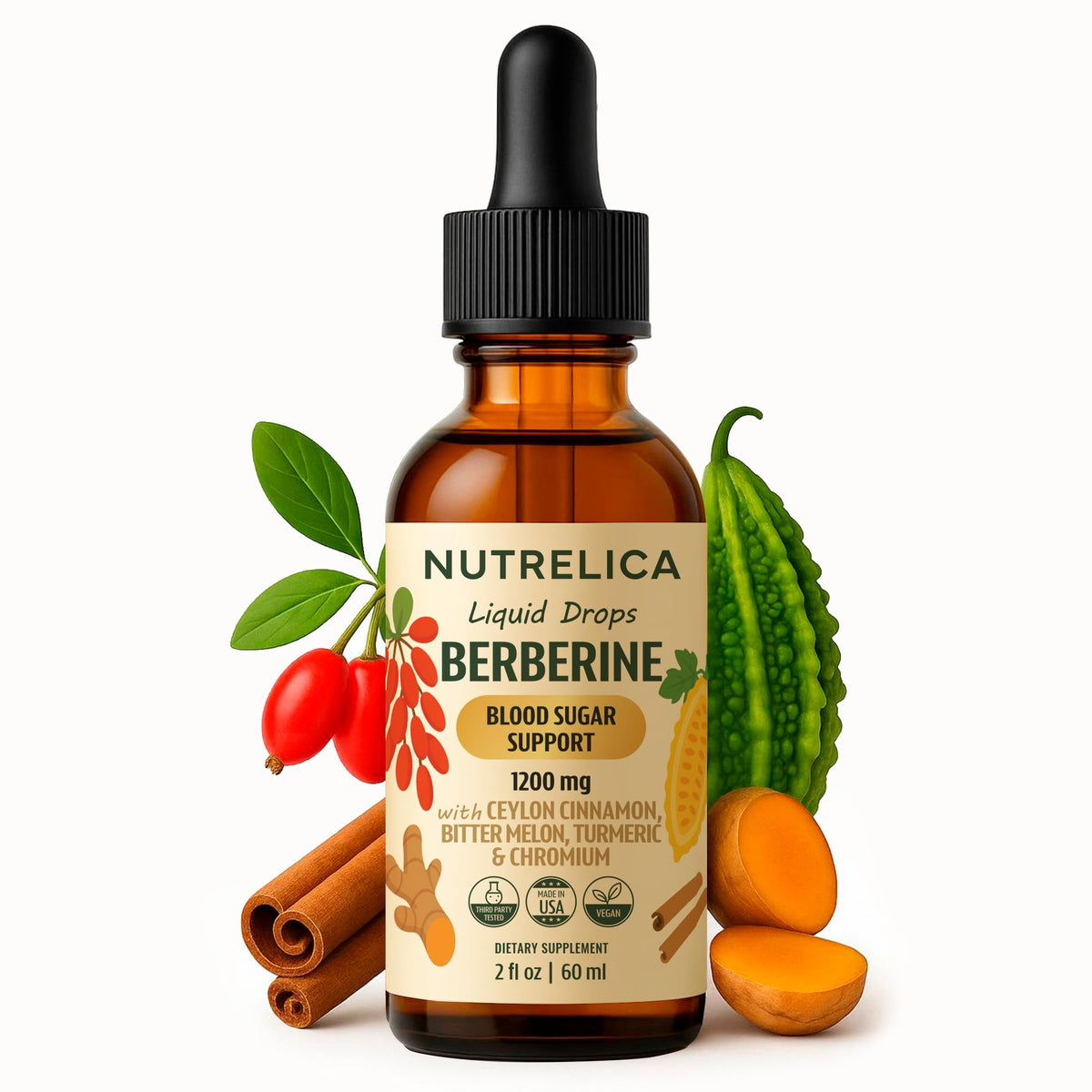 Nutrelica berberine-cinnamon liquid drops bottle supports potential blood sugar balance and steady energy.