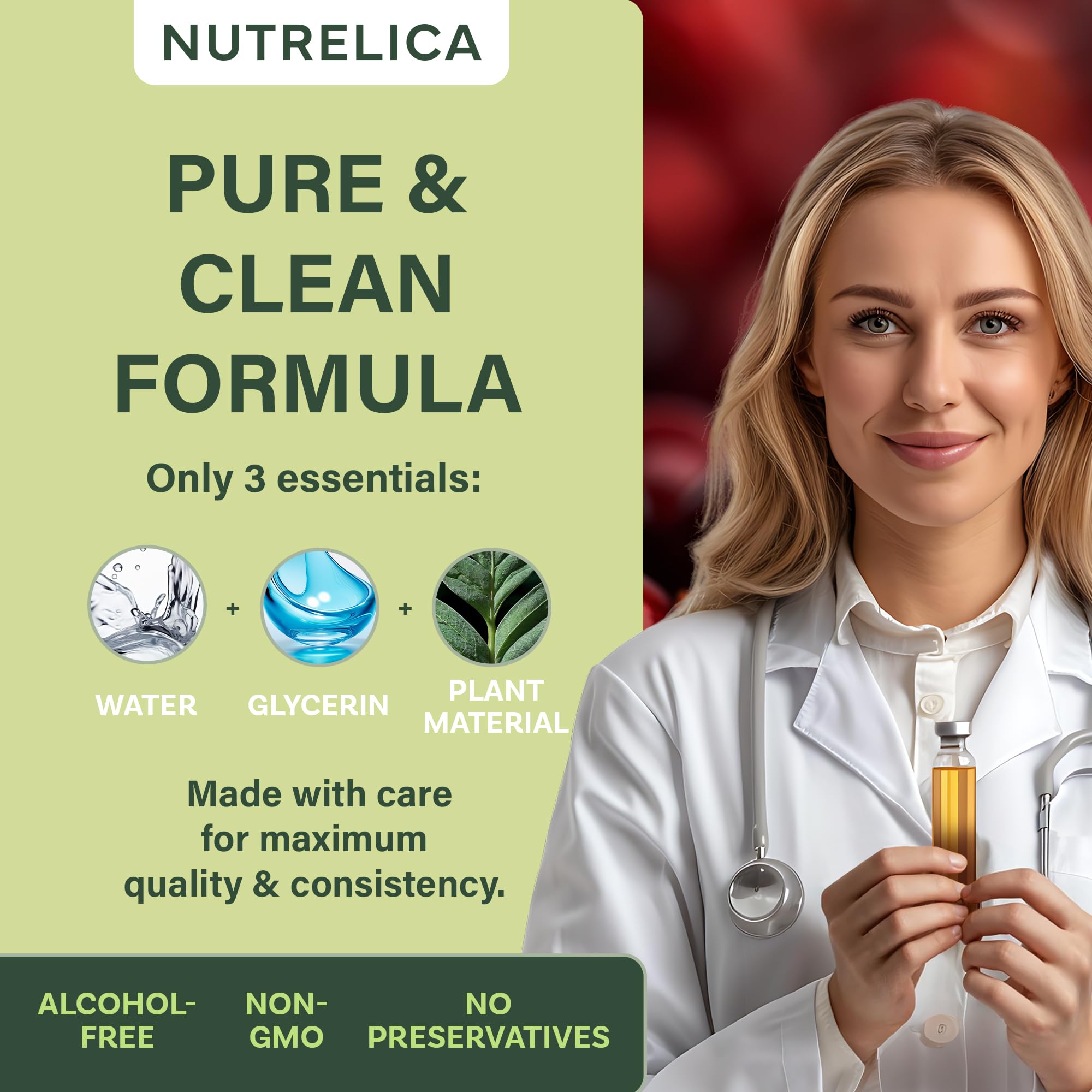 Vegan, non-GMO cert badge complements natural ingredient focus.