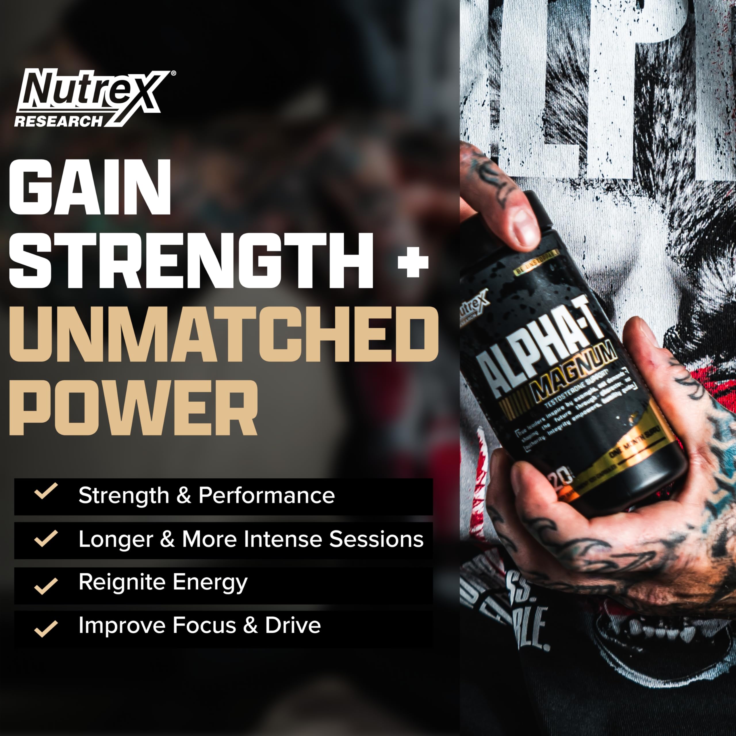 Nutrex Alpha-T Magnum capsules close-up highlighting strength and energy support