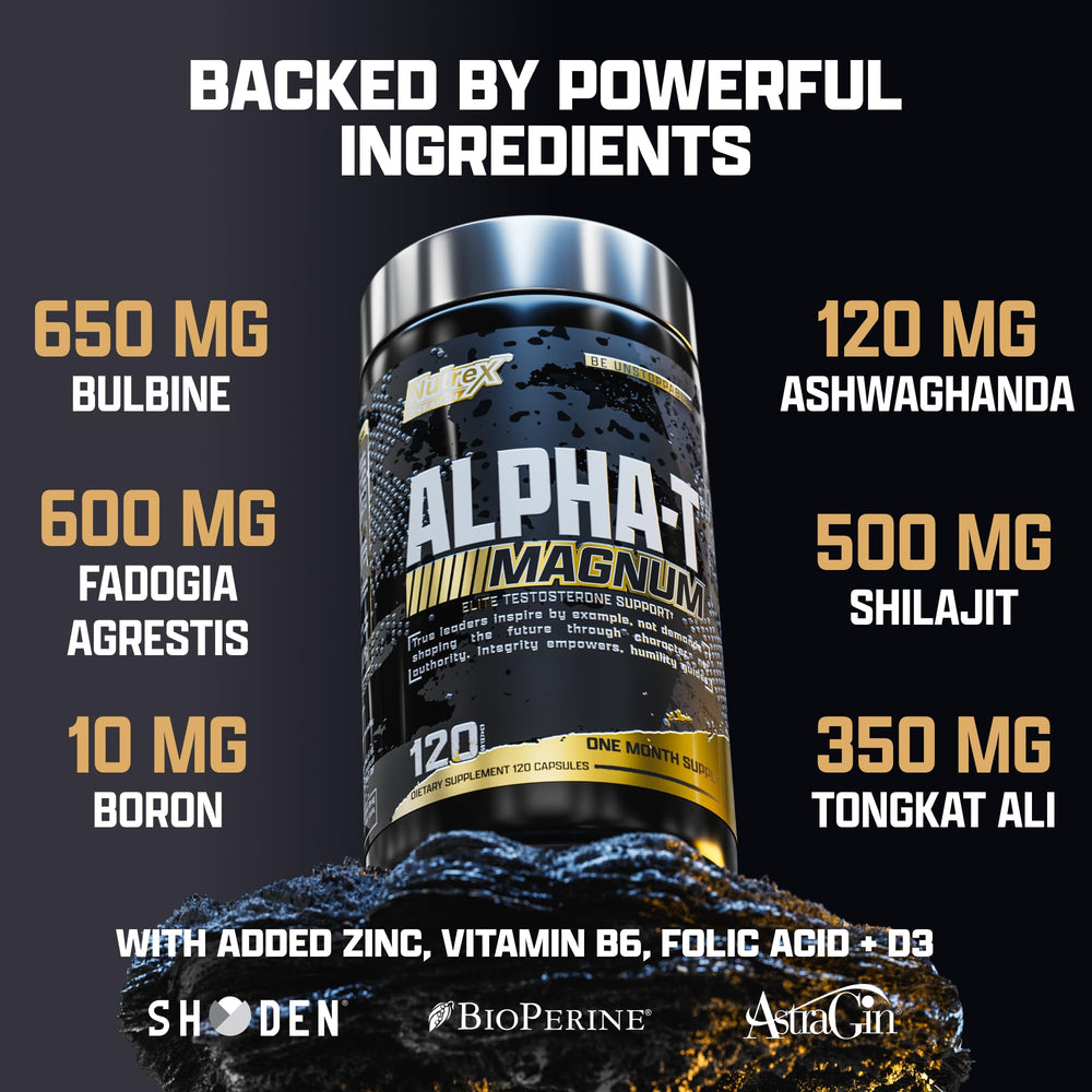 Nutrex Alpha-T Magnum label detail shows key ingredients for stamina support