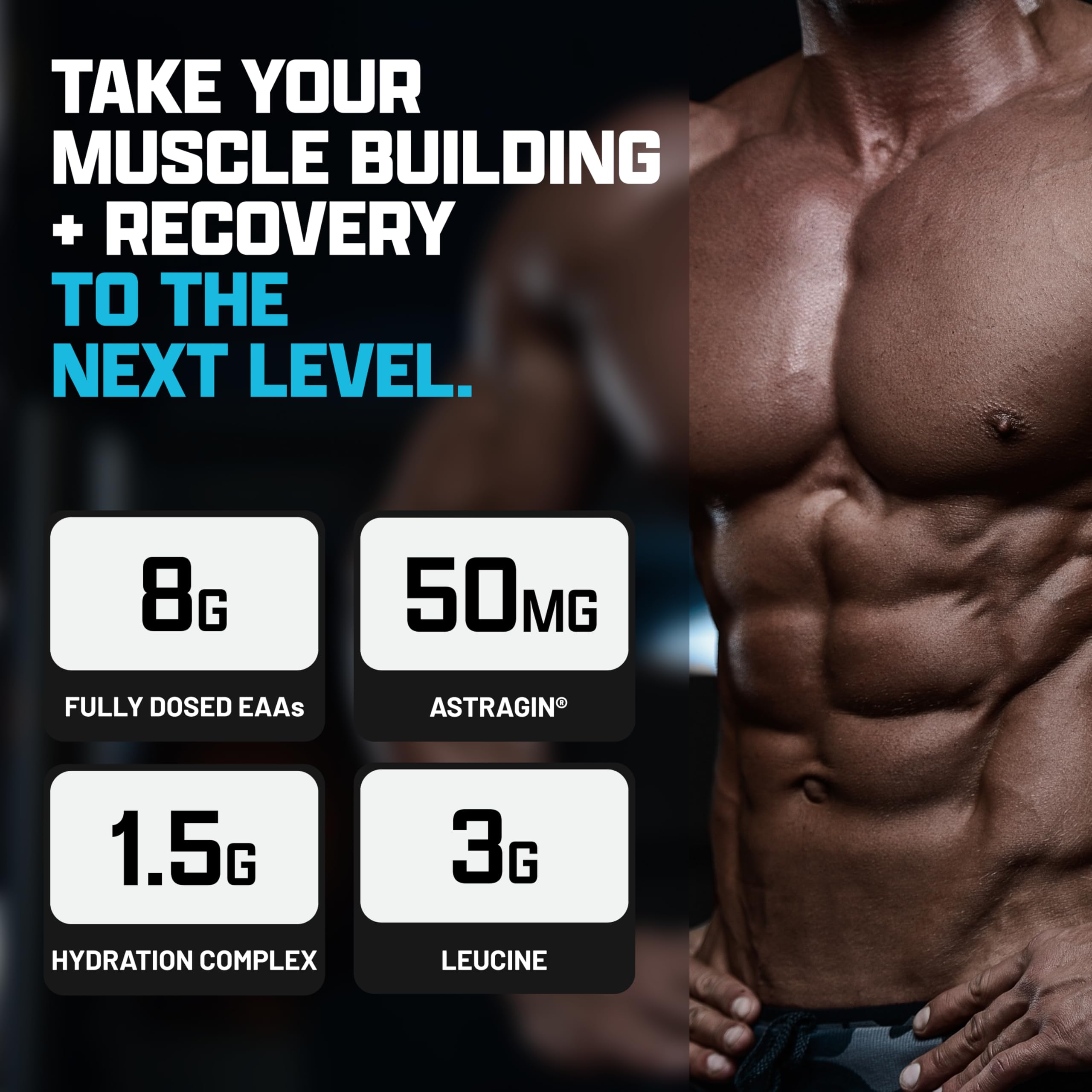 Nutrex EAA Hydration powder label close-up highlighting ingredients and BCAA ratio.