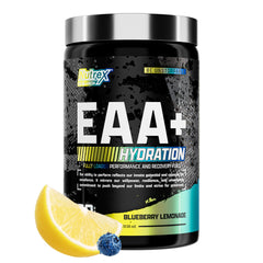 Nutrex EAA Hydration blueberry lemonade tub for complete amino acid profile and recovery support.