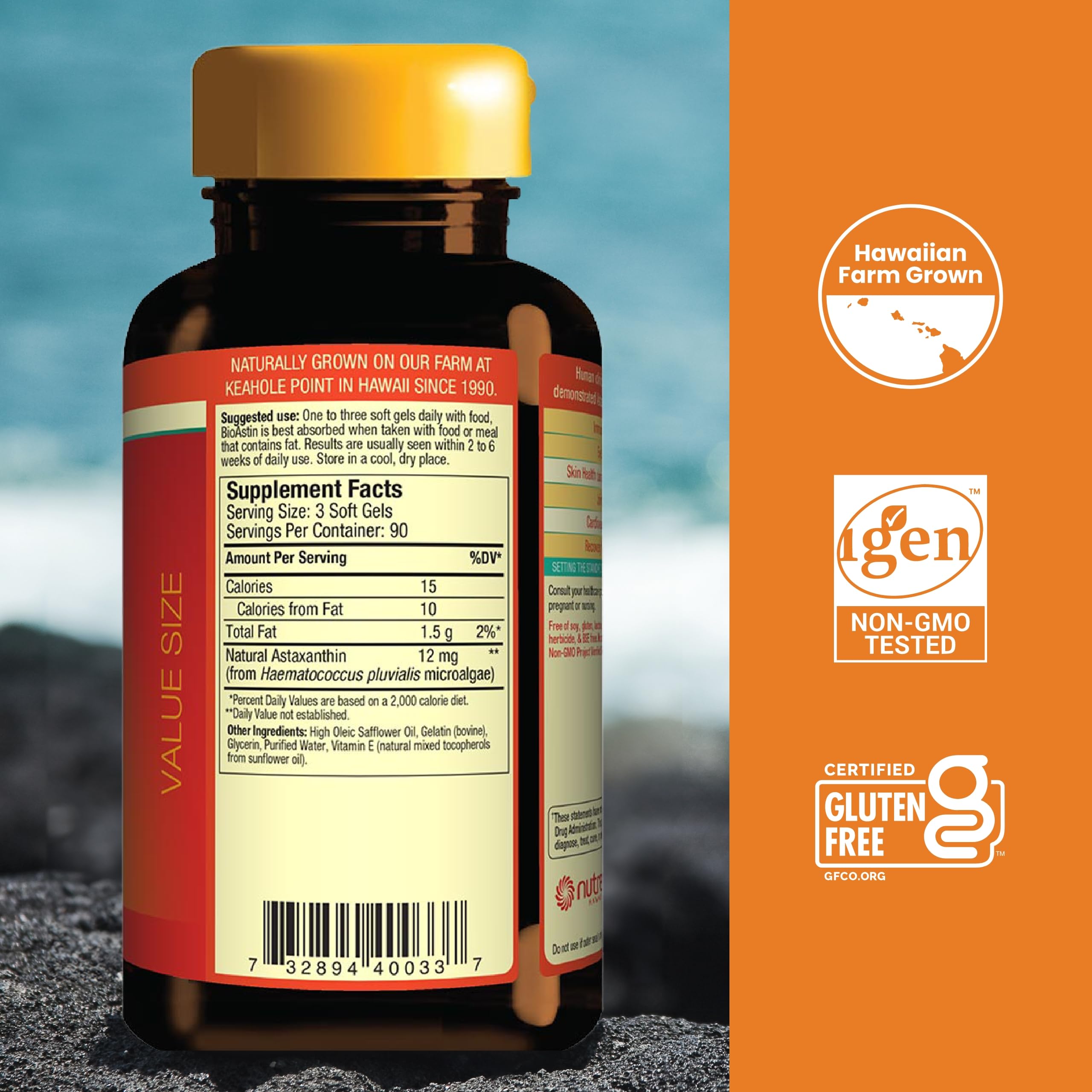 Nutrex Hawaii BioAstin bottle back label highlights gluten-free and non-GMO benefits