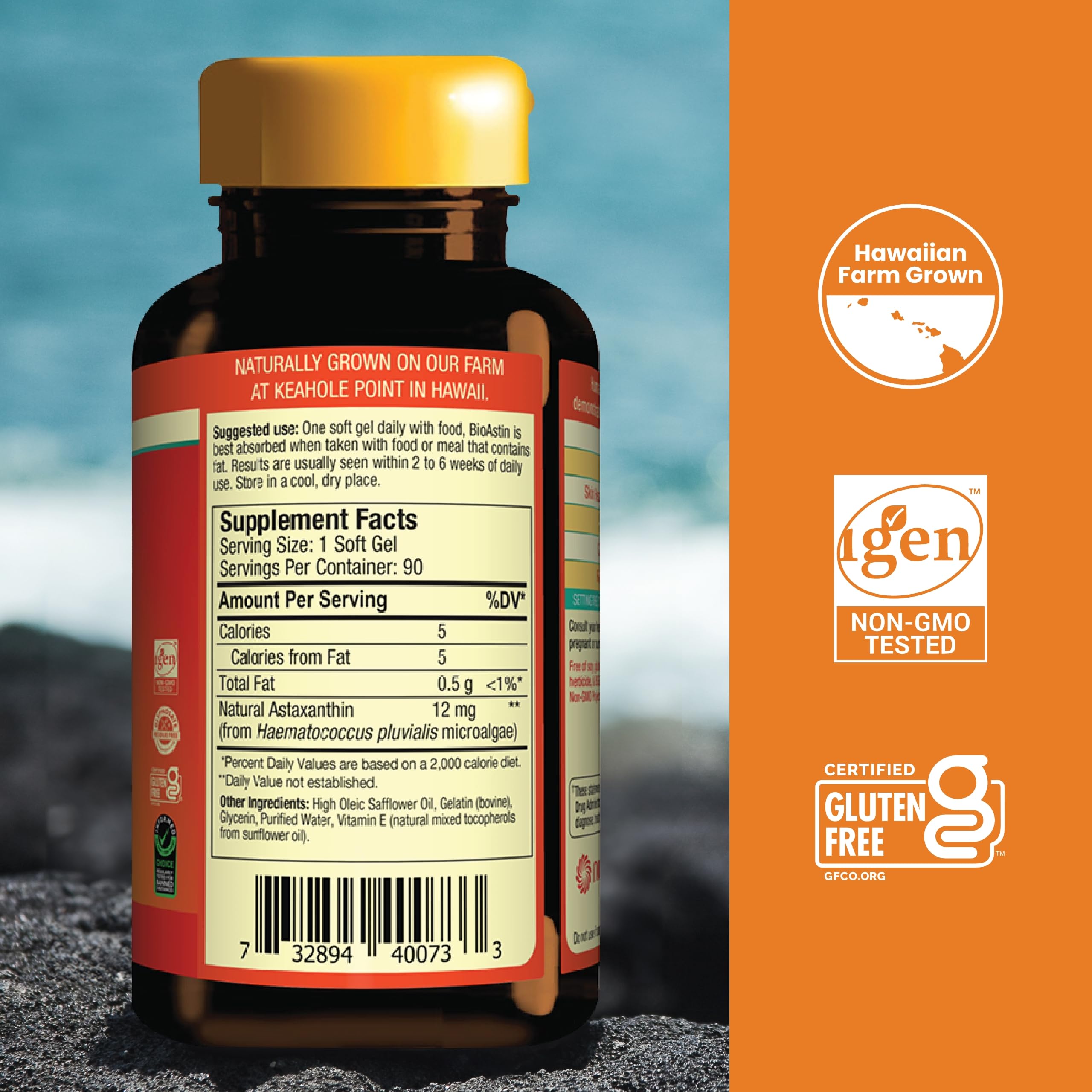 Closeup of BioAstin softgels highlighting natural carotenoids for skin and eye moisture.