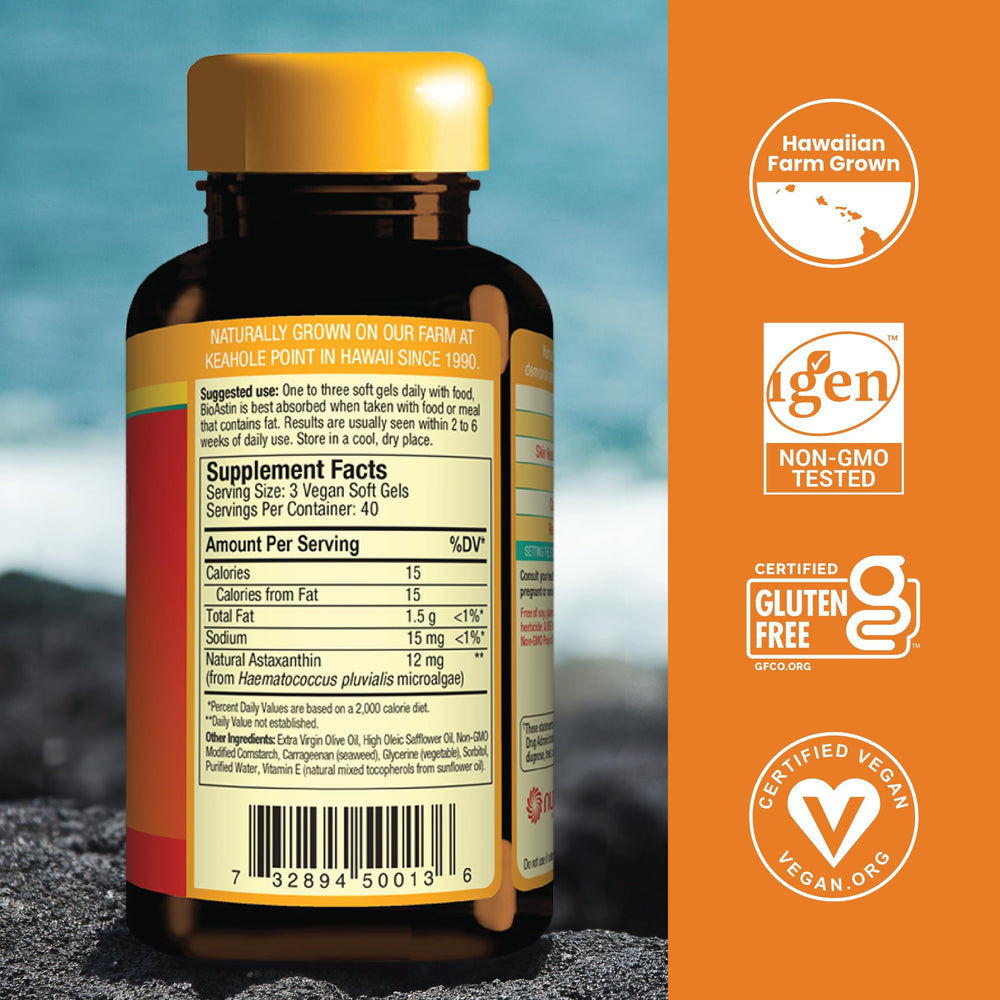 Nutrex Hawaii BioAstin softgels front indicating 4 mg astaxanthin in daily use