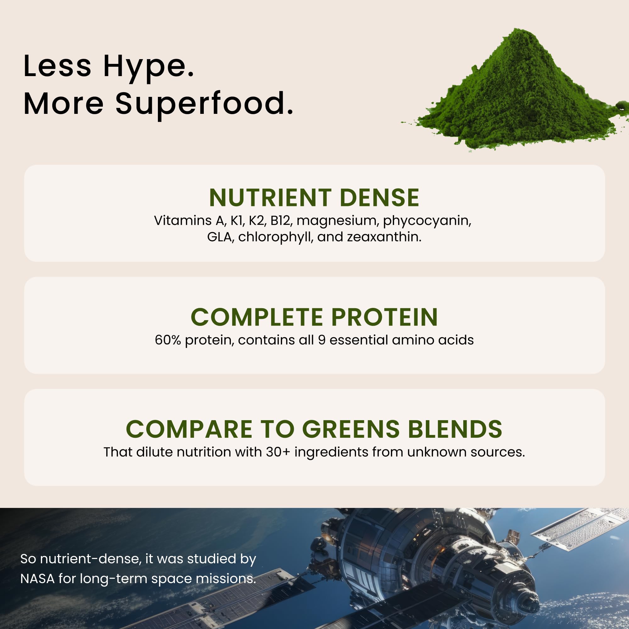 Nutrex Hawaii Kona farm-grown spirulina bottle emphasizing U.S.-sourced non-GMO wellness