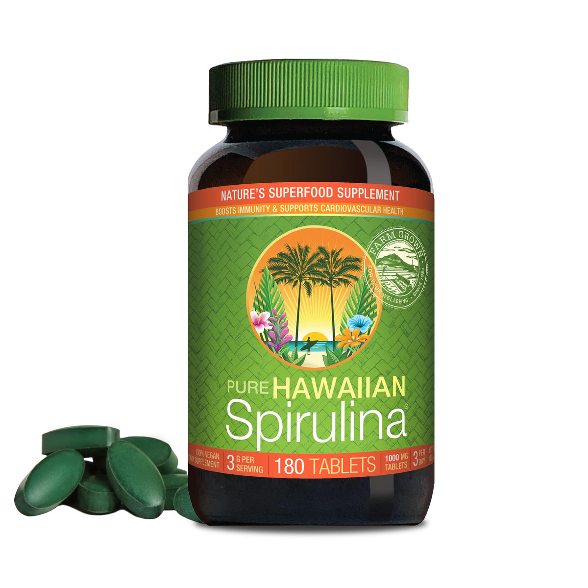 Nutrex Hawaii spirulina bottle front label highlighting nutrient density and vegan protein.