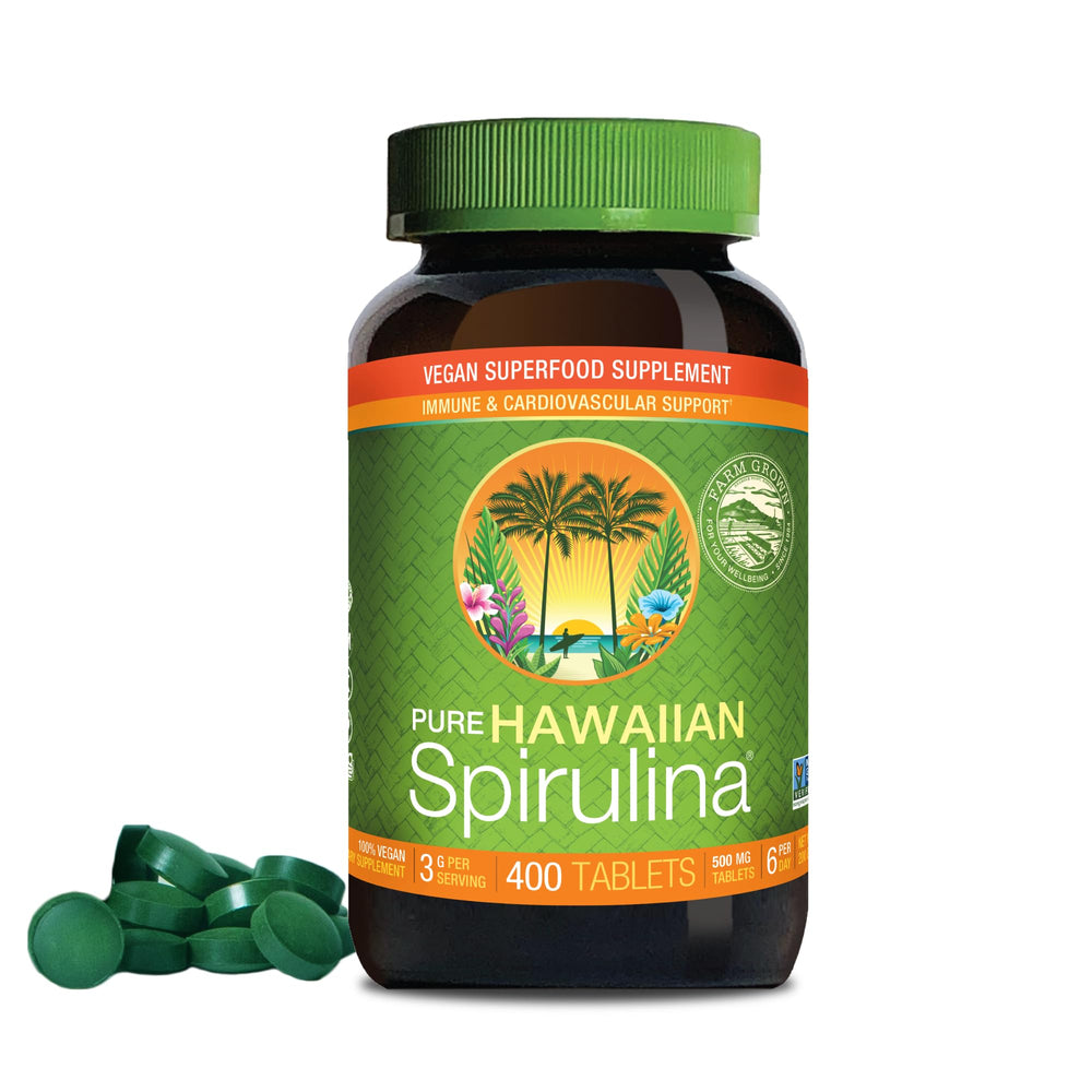 Nutrex Hawaii pure Hawaiian spirulina bottle promotes daily plant-based nutrition.