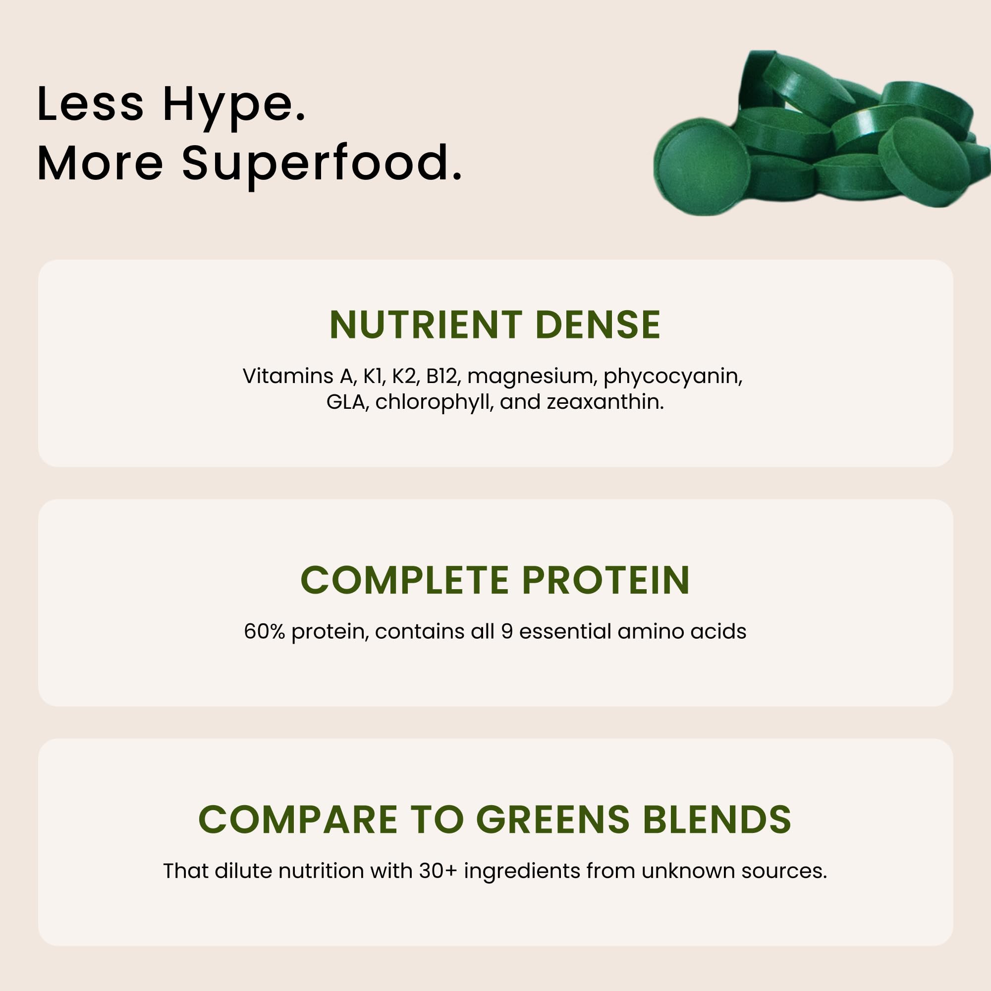 Kona farm-grown spirulina from Nutrex shines in sunlight, highlighting origin and purity.