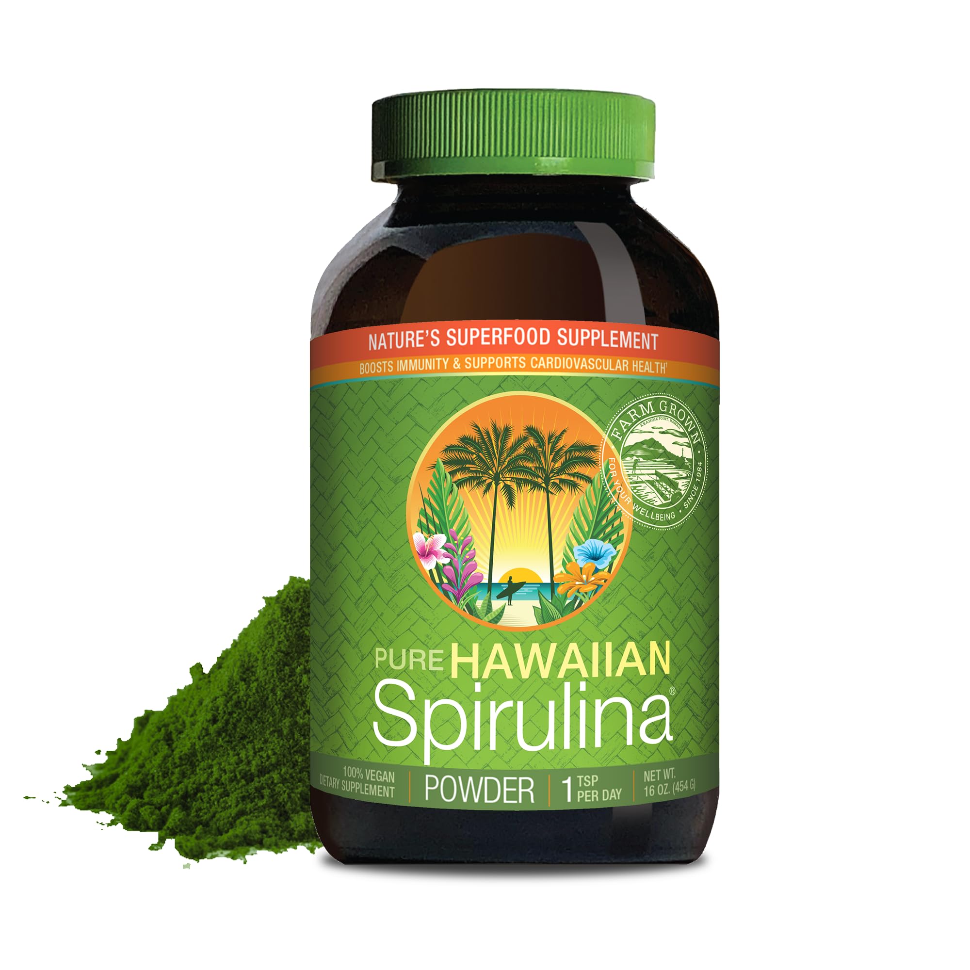 Nutrex Hawaii Pure Hawaiian Spirulina powder bottle highlighting vegan protein for smoothies.