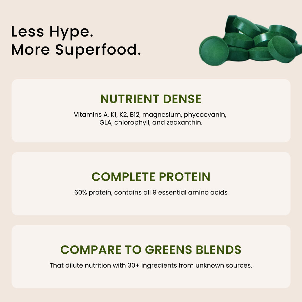 Nutrex Hawaii spirulina bottle with label emphasizes purity and sourcing.