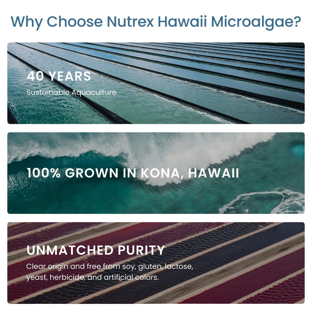 Nutrex Hawaii spirulina pack with non-GMO label for clean sourcing.