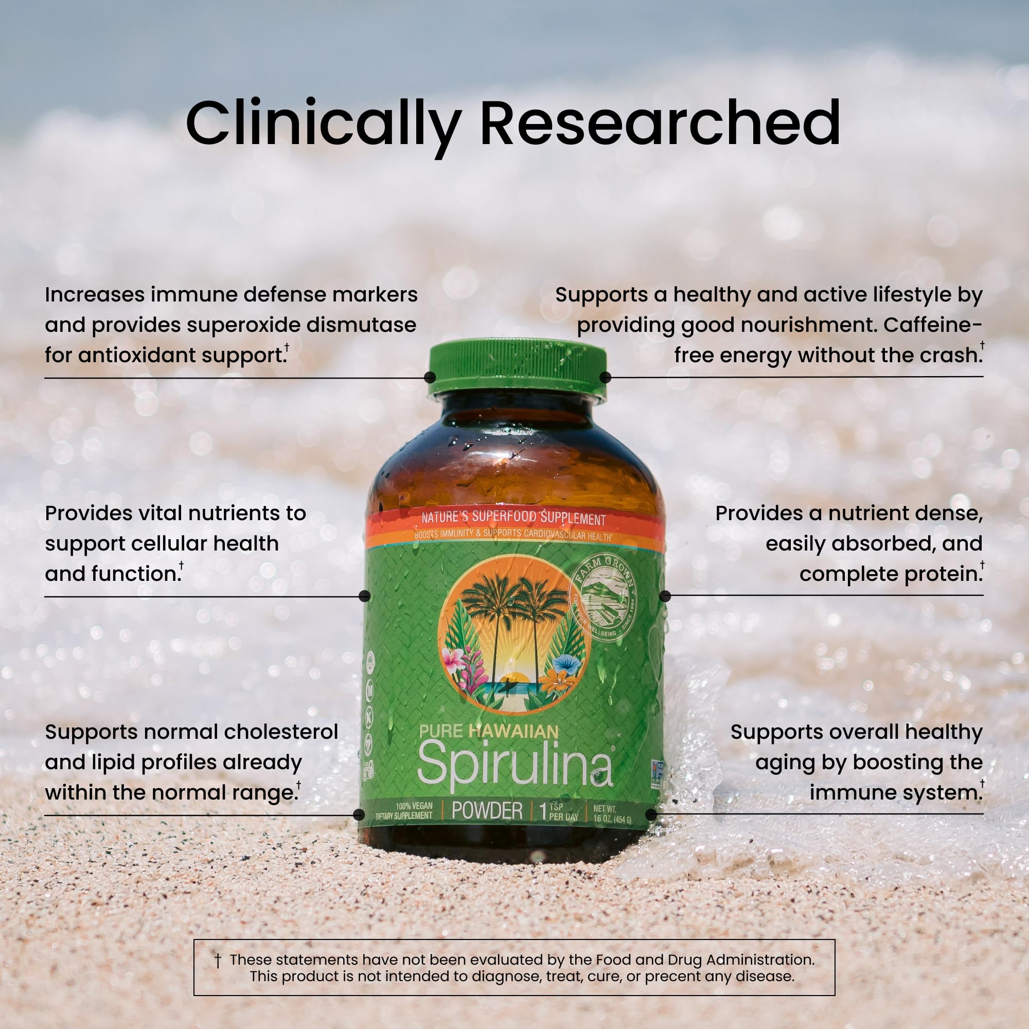Close-up of Nutrex Hawaii spirulina powder showing vibrant green color and purity.