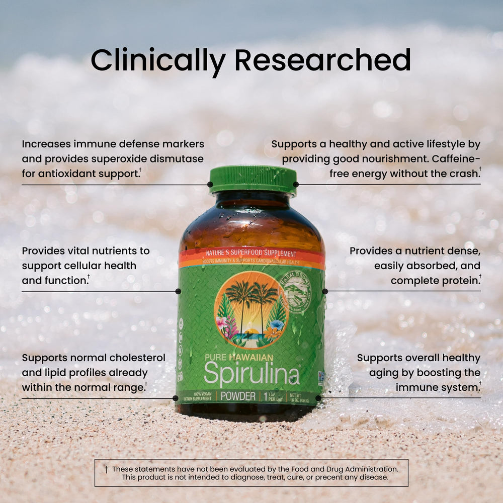 Close-up of Nutrex Hawaii spirulina powder showing vibrant green color and purity.