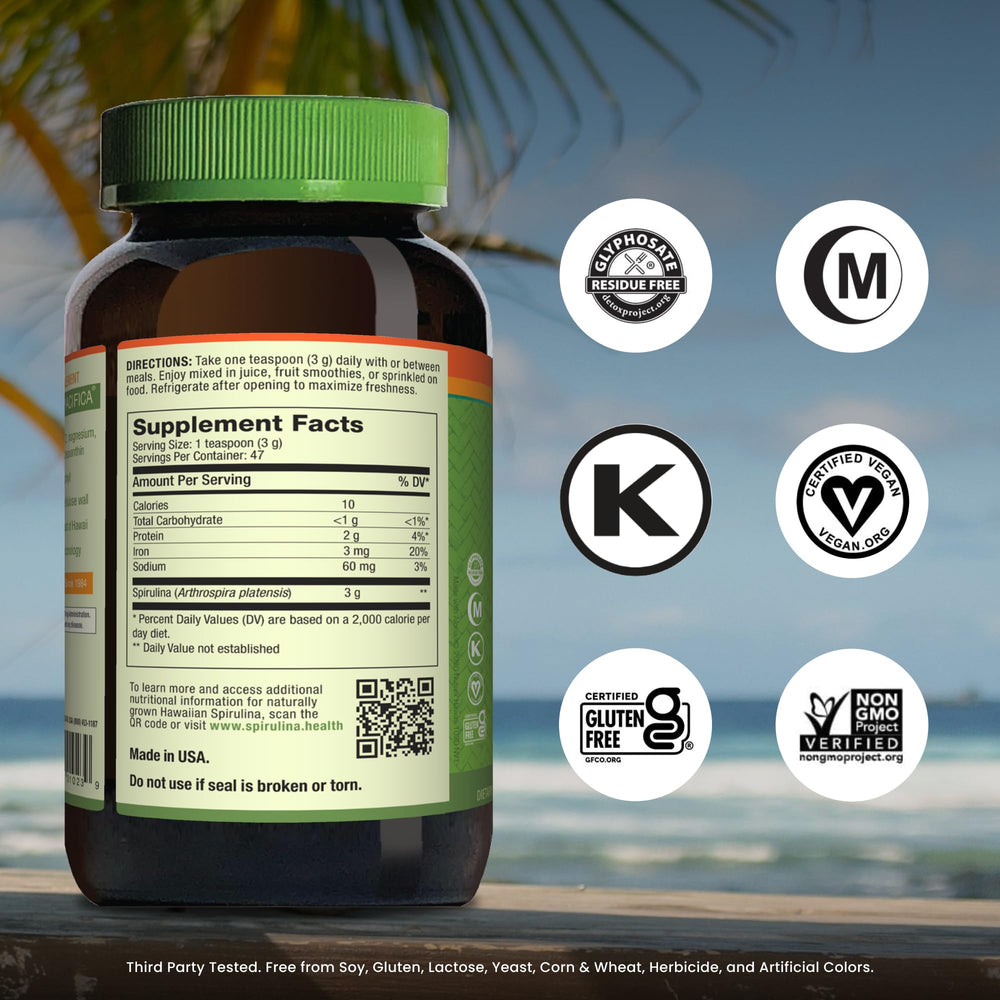 Nutrex Hawaii spirulina powder ingredients graphic highlights plant-based protein and micronutrients