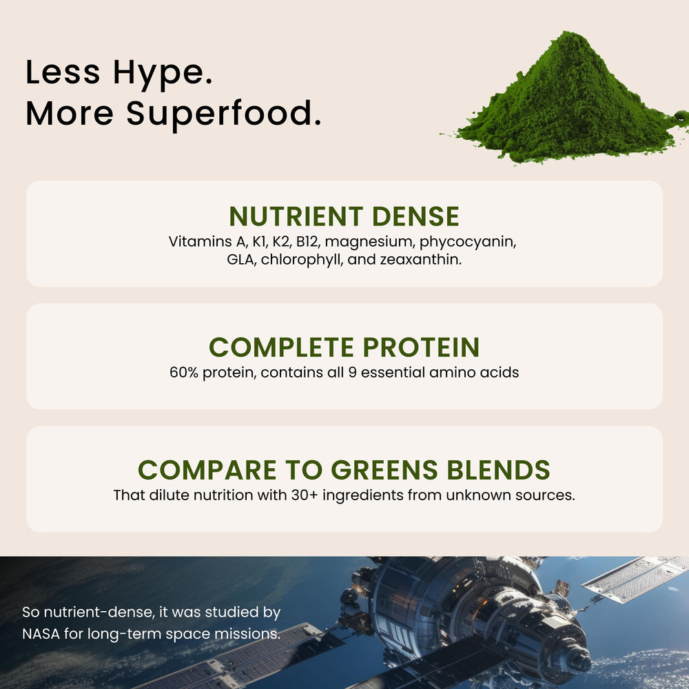 Nutrex Hawaii spirulina powder in a smoothie glass emphasizing plant protein and minerals.