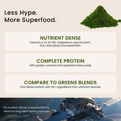 Nutrex Hawaii spirulina powder in a smoothie glass emphasizing plant protein and minerals.