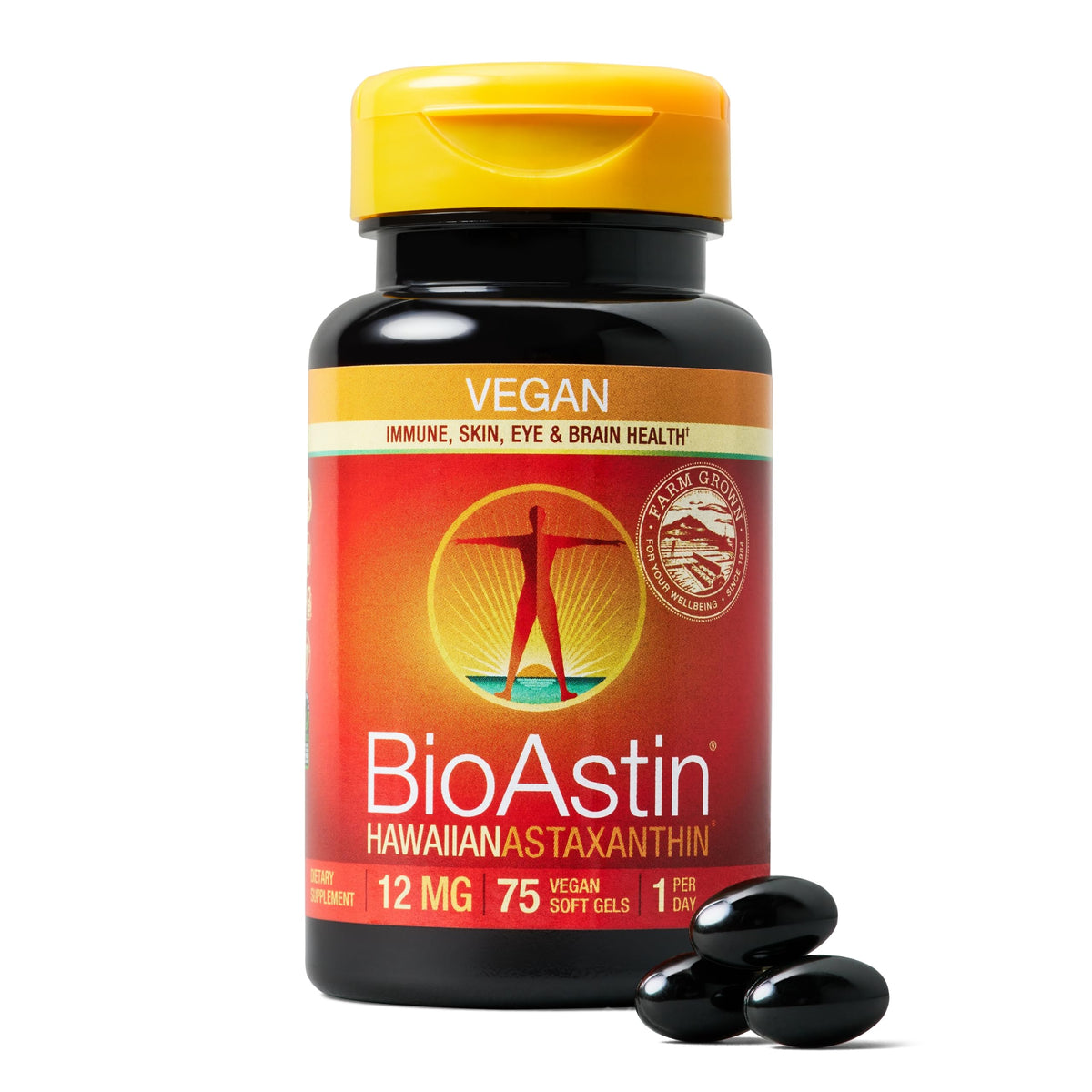 Nutrex Hawaii BioAstin 12mg softgels bottle on shelf for daily antioxidant support