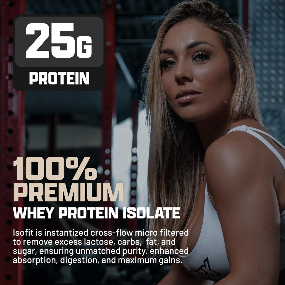 Nutrex IsoFit shake being poured into a glass to show easy mixability.