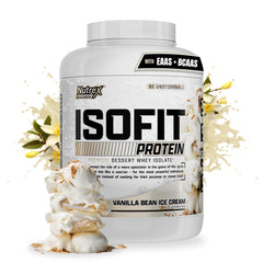Nutrex IsoFit vanilla ice cream tub front highlighting whey isolate for lean gains.