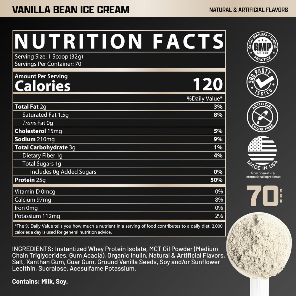 Nutrex IsoFit vanilla powder beside glass of milk demonstrates versatile mixing options.