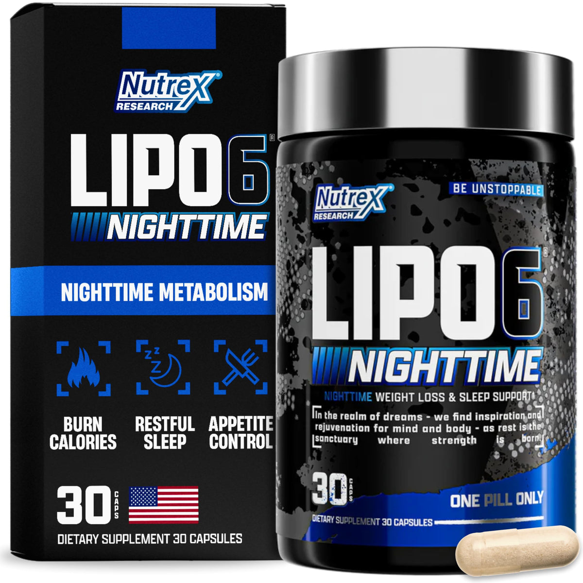 Nutrex Lipo 6 Nighttime bottle front view highlighting non-stimulant overnight metabolism potential
