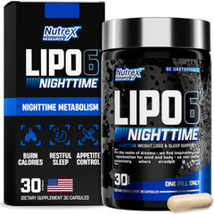 Nutrex Lipo 6 Nighttime bottle front view highlighting non-stimulant overnight metabolism potential