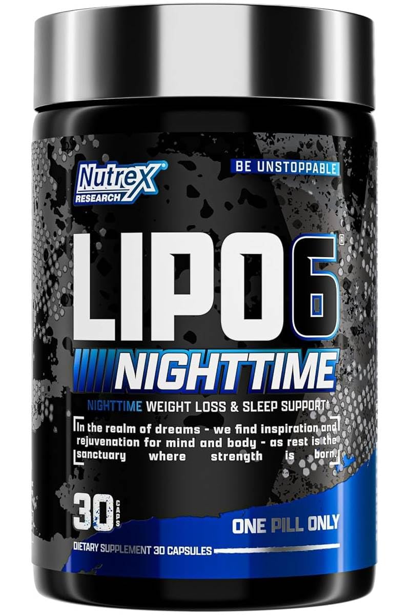 Nutrex Lipo 6 Nighttime capsules close-up emphasizing caffeine-free formula