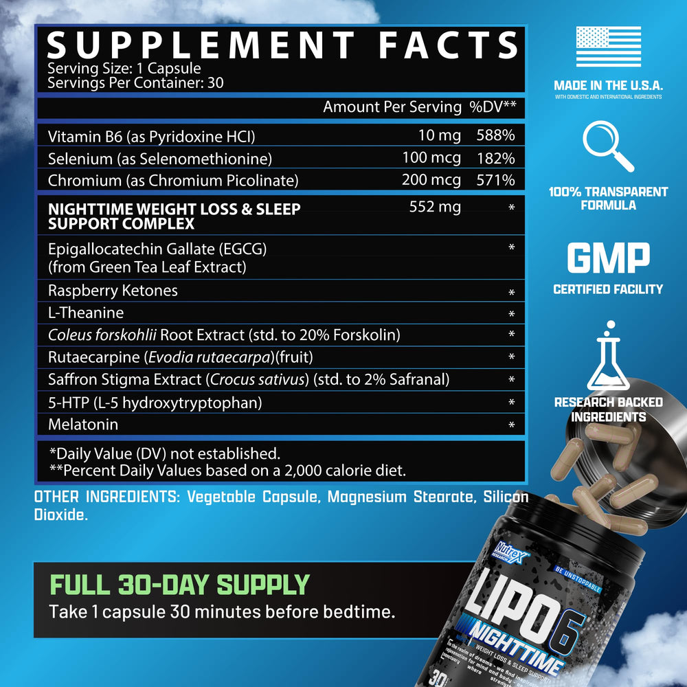 Made in USA Nutrex Lipo 6 Nighttime with quality assurance seal