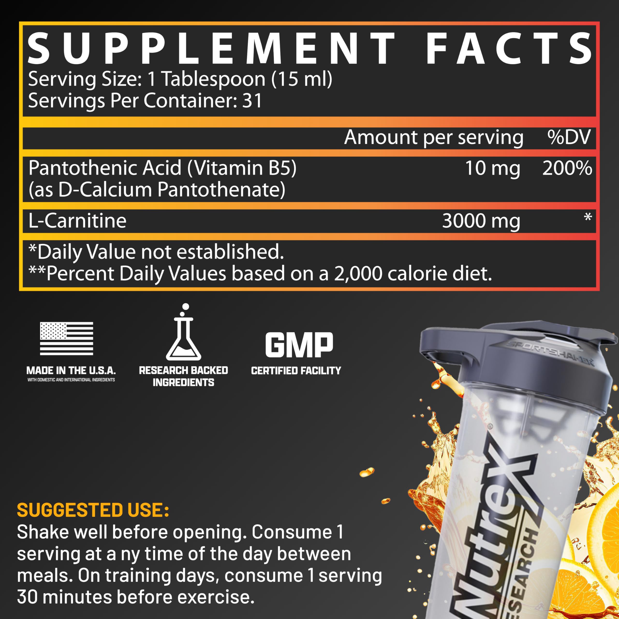 Label close-up of Nutrex Liquid Carnitine 3000 highlighting Orange Mango flavor.