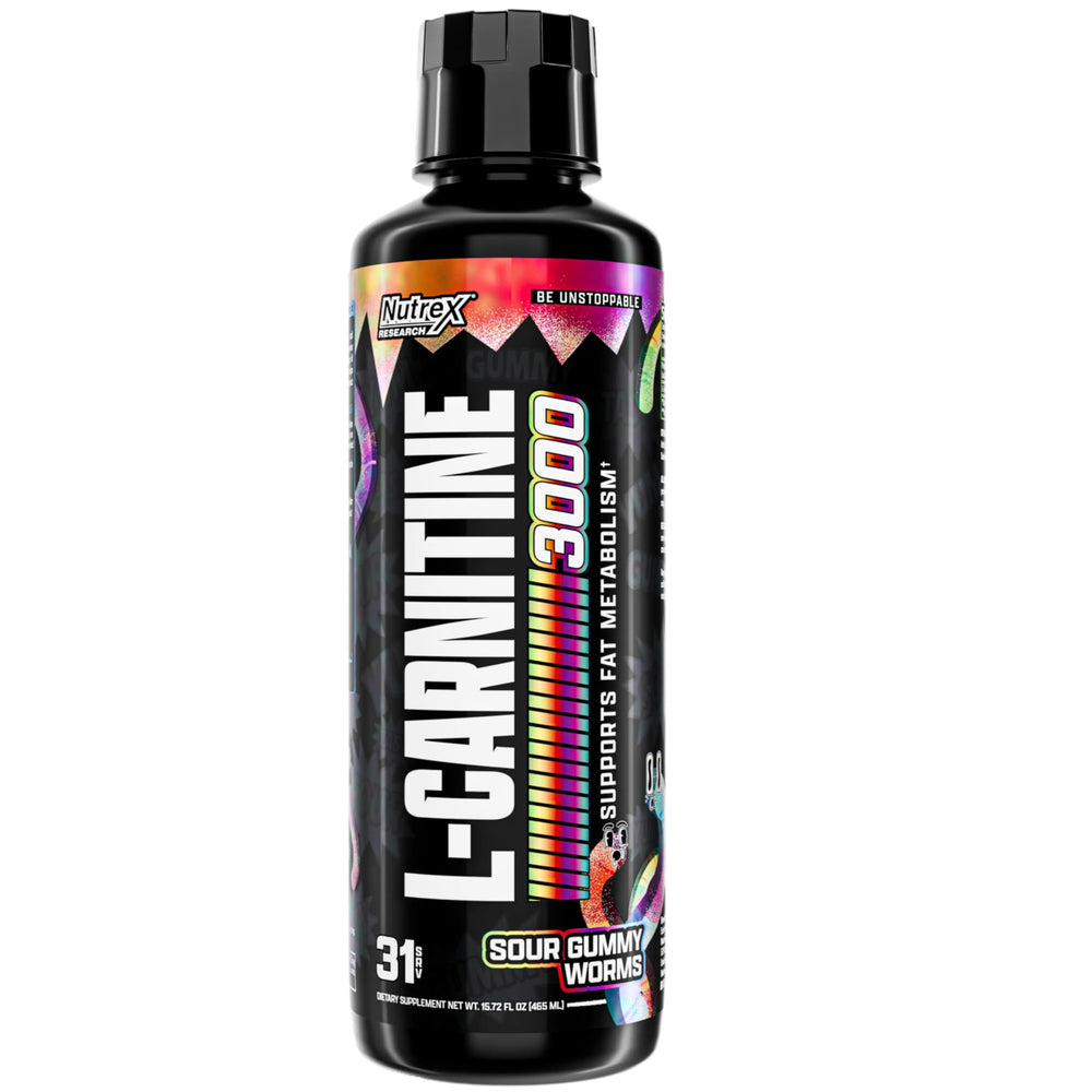 Nutrex Liquid L Carnitine 3000 bottle with Sour Gummy Worms flavor, boosting workout energy.